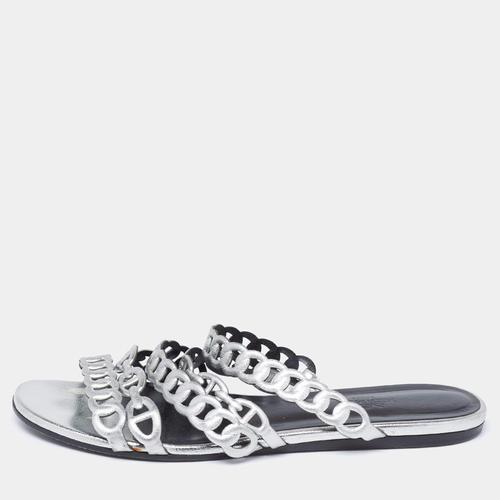 爱马仕hermes女款凉鞋|silver leather dancre chaine flat sandals