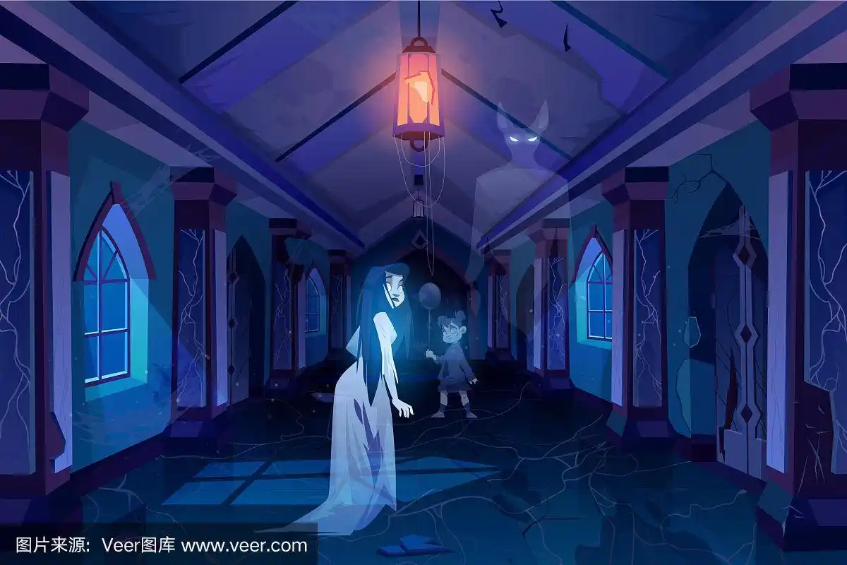 古老的城堡大厅里有鬼魂,黑暗可怕的宫殿房间