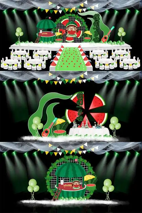 宝宝宴西瓜主题生日宴舞台布置签到迎宾区效果图psd模板设计素材