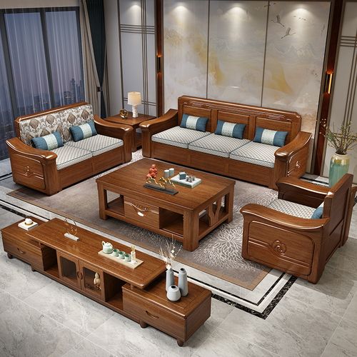 梵宜金丝胡桃木实木6113沙发组合简约客厅带贵妃实木1 2 3人位沙发