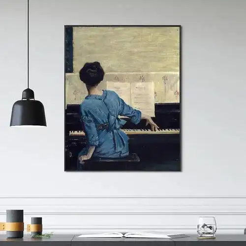威廉梅里里特蔡斯钢琴女子复古风格装饰画音乐现代装饰画