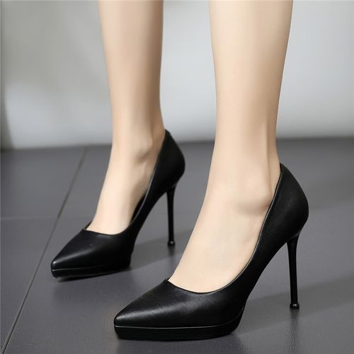 高跟鞋女11cm新款百搭细跟职业性感浅口尖头单鞋黑色防水台工作鞋