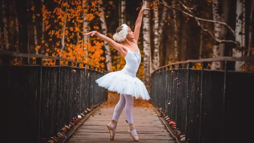 儿童女孩,芭蕾舞女演员,木桥,树,秋天 壁纸