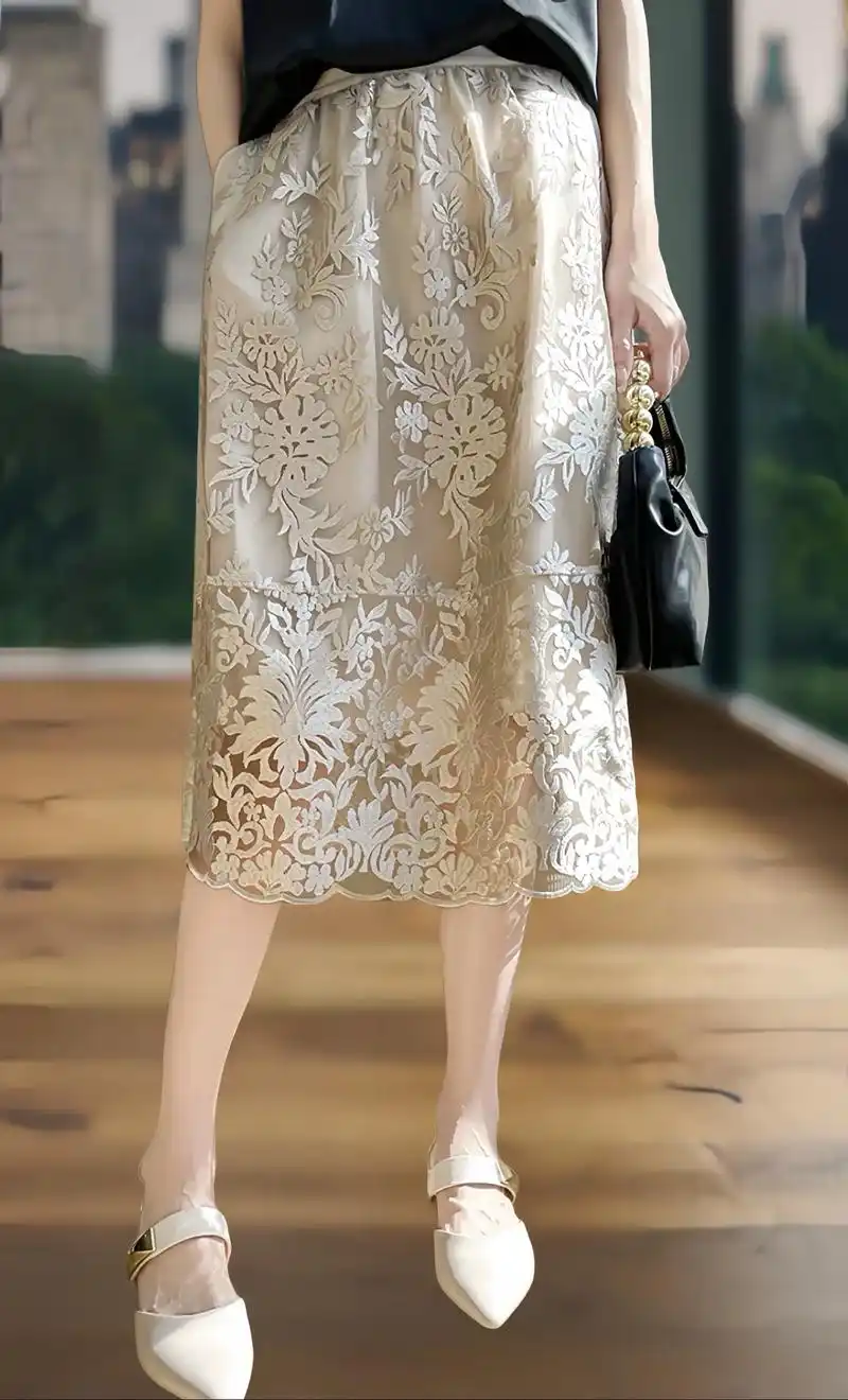 哥弟法式重工镂空蕾丝半身裙,采用重工刺绣网纱拼接,高端礼服的 - 抖