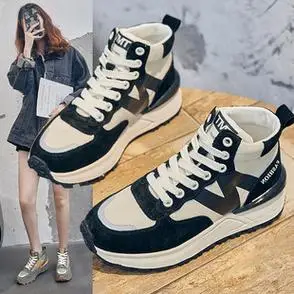 女鞋老爹鞋女2021秋冬新款休闲运动高帮鞋厚底系带阿甘真皮小白鞋