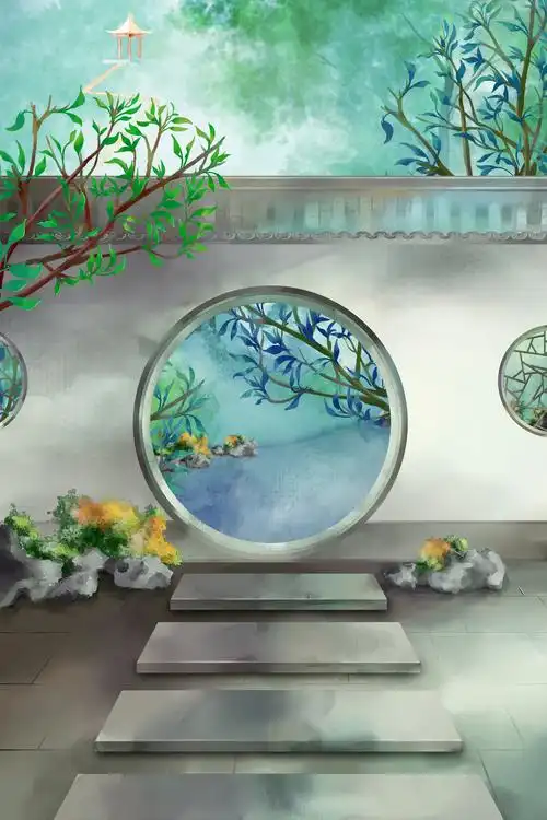 千库网_中国风花园拱门园林古风建筑绿色夏季风景中秋_插画编号50235.