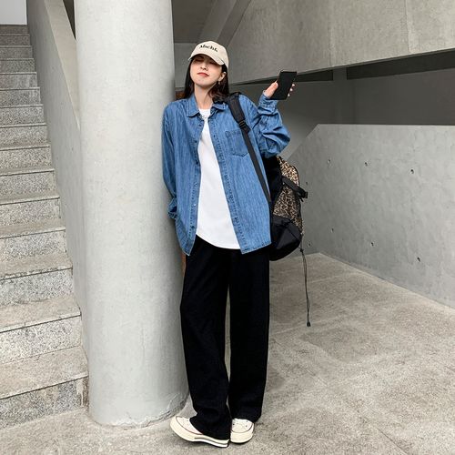 sixi四喜家春秋 复古水洗蓝 舒适牛仔衬衫女宽松显瘦叠穿衬衣