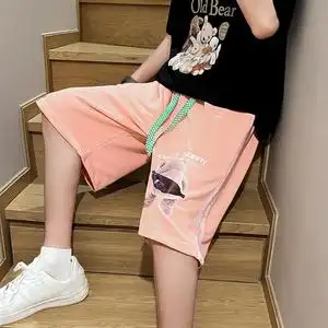 粉色小熊运动短裤男夏季潮流外穿织带拼接裤子高街潮ins5分沙滩裤