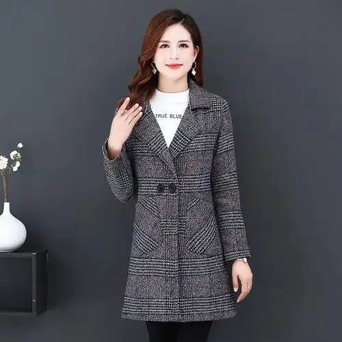 中年女格子毛呢外套中长款大码女装春秋冬上衣时尚韩版呢子风衣