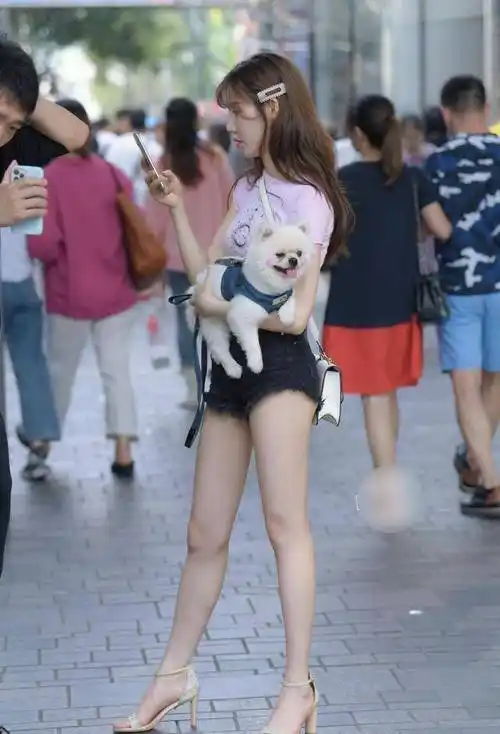 街拍超短热裤搭配粉色短t,温柔中带着一些小时尚,像个邻家小妹_宠物