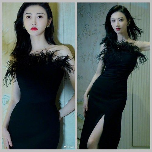 王牌对王牌景甜同款黑色羽毛抹胸裙连衣裙子鱼尾开叉晚礼服长裙女