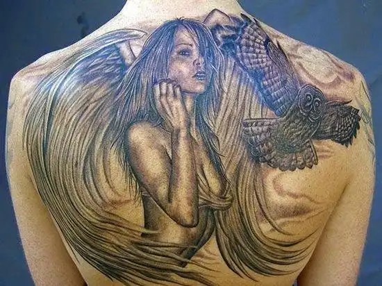 霸气的满背天空山水景色天使纹身图案