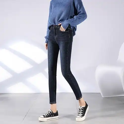 深蓝色松紧腰牛仔裤女2022年新款春季大码裤子女显瘦百搭高腰九分