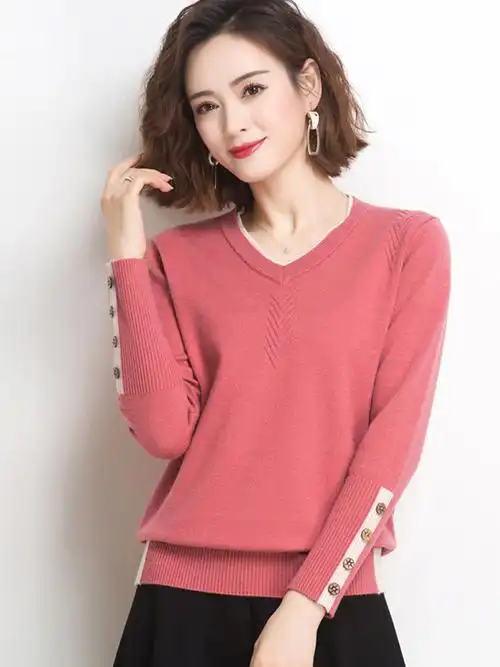 长袖t恤v领上衣女春秋装2021年新款百搭洋气短款打底衫内搭秋冬季