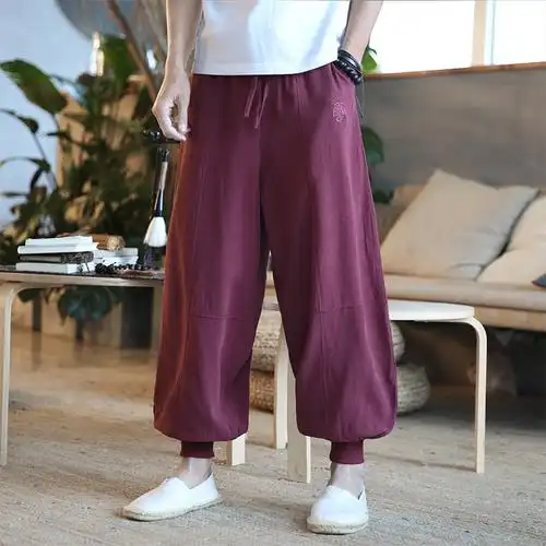 夏季中国风男士亚麻裤阔腿灯笼裤大码宽松棉麻休闲裤男束脚哈伦裤