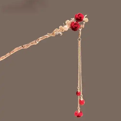 金枝朱红玫瑰花朵流苏发簪古典中式古风发簪汉服头饰盘发簪