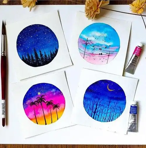 水彩手绘,色彩鲜艳的风景画,太好看了