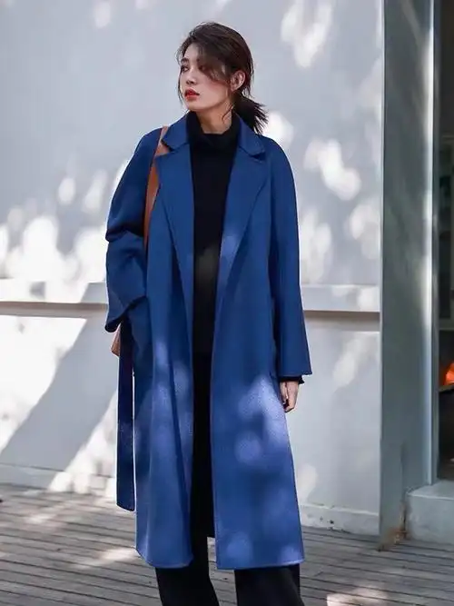 简诣2021秋冬季藏蓝色长款大衣