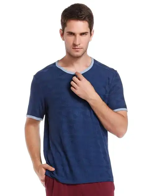 aimer men男款深蓝色时尚提花短袖家居上衣