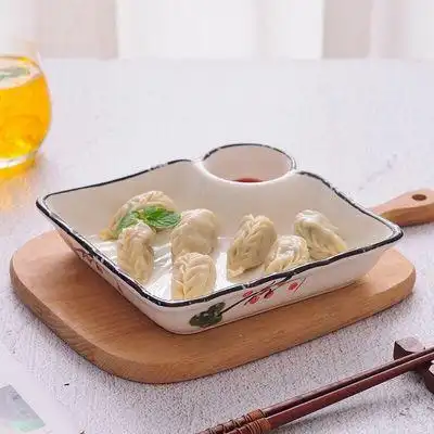 大号方形饺子盘带醋碟家用陶瓷餐具创意日韩料理盘分格盘冷菜盘子