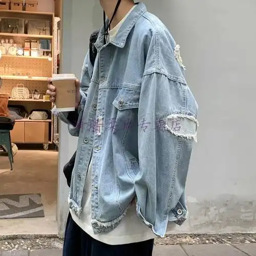 牛仔褂男夏天外套男薄款港风小刮烂夹克大码宽松休闲百搭男士夏天男装