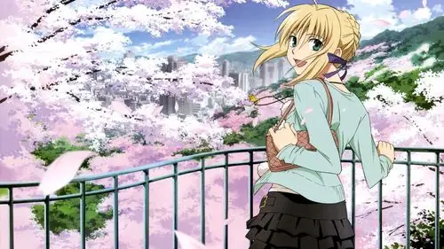 金发动漫女孩回头看,微笑,花,春天 壁纸 - 1920x1080 全高清