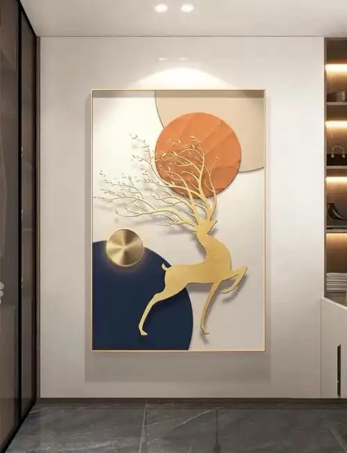 正对入户门墙上挂画效果图,正对门玄关装修效果图壁画-528时尚网