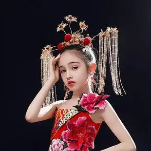儿童头饰国潮中国风女孩模特走秀女童演出服古风发饰公主流苏发冠