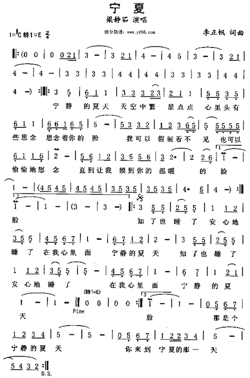 梁静茹宁夏简谱,梁静茹宁夏歌谱,梁静茹宁夏歌词,曲谱,琴谱,总谱