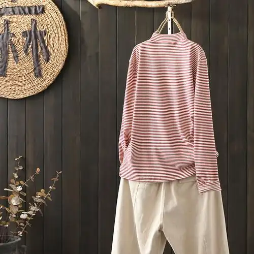 俏纪文艺棉质长袖t恤衫春季女棉麻半高领斜襟条纹打底衫亚麻上衣 - 俏