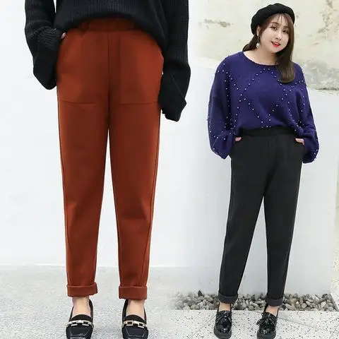 加肥加大码胖妹妹高腰宽松毛呢哈伦裤休闲裤长裤垮裤萝卜裤女冬季