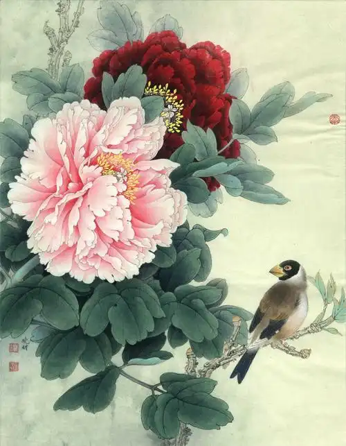 0043_李晓明工笔牡丹高清图jpg格式_牡丹蜡嘴真迹扫描大图超高清书画