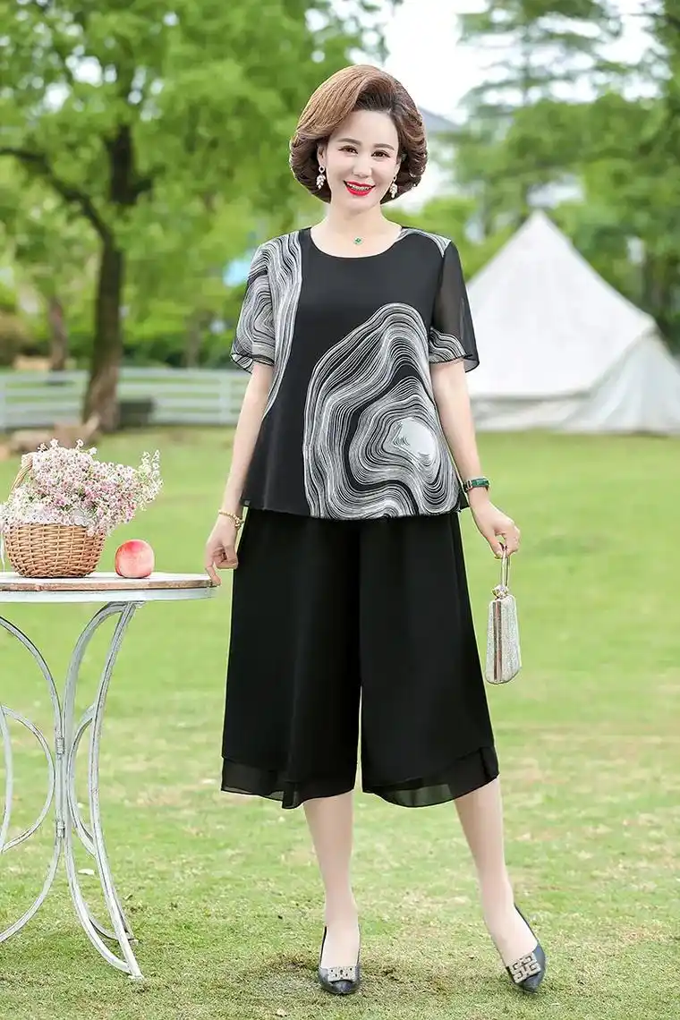 妈妈夏装两件套中老年女装妈妈装套装.