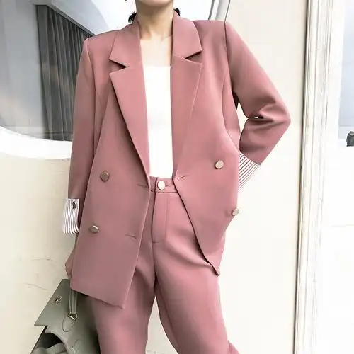 chic小西装套装女2019春秋季新款韩版时尚气质双排扣粉色休闲西服