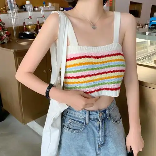 韩版彩虹针织衫吊带女显瘦无袖内搭打底短背心学生上衣外穿潮优惠券