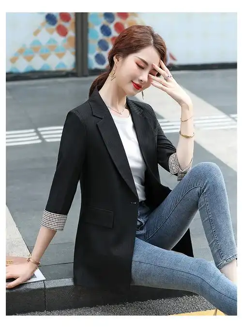 职业装七分袖西装外套女韩版时尚气质修身上衣夏季新款女装暗条纹白色