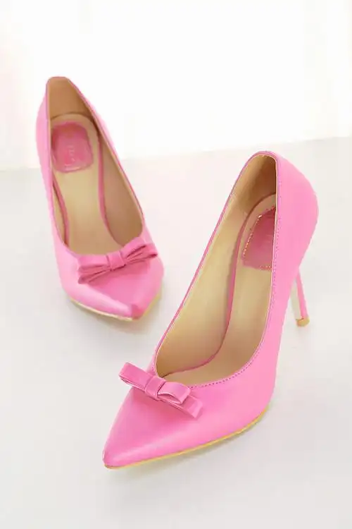 玫粉色蝴蝶结韩版尖头ol高跟鞋