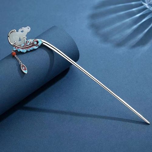 s925纯银玉石孔雀羽毛发簪女古风盘发气质汉服旗袍配饰一字簪素簪