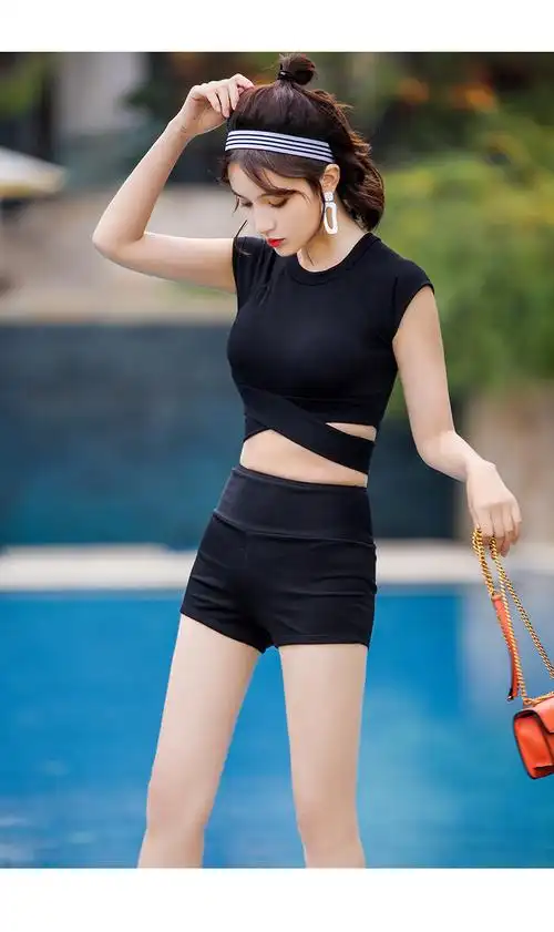 芳格丽复古游泳衣女分体平角裤短袖高腰保守显瘦韩版温泉学生泳装l