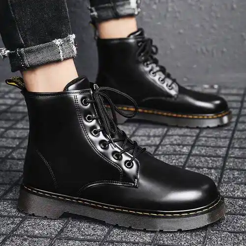 枫述黑色马丁靴男高帮英伦风男士靴子六孔皮鞋韩版潮流百搭中帮工装鞋
