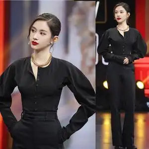 tuxee王牌对王牌6明星王子文同款衣服春装黑色泡泡袖上衣衬衫衬衣