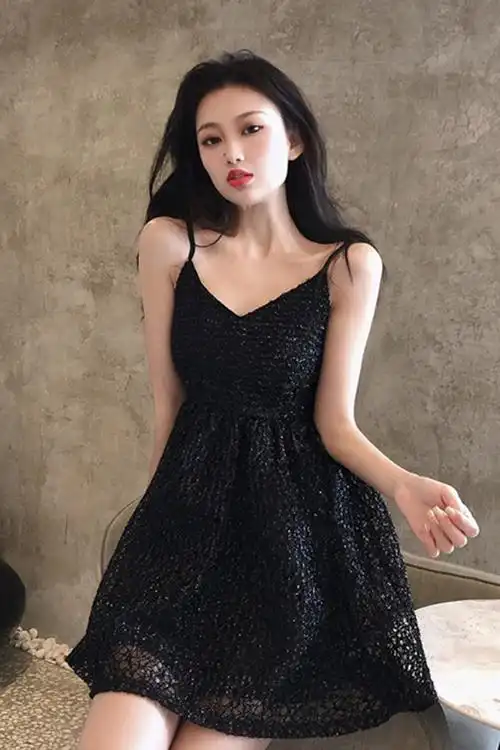 蕾丝chic仙女显瘦a字裙网眼镂空气质连衣裙夏季中长款度假性感吊带