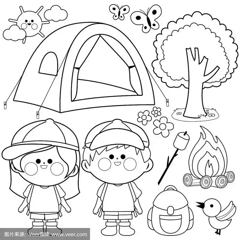 快乐的孩子们在露营地.矢量黑白着色页