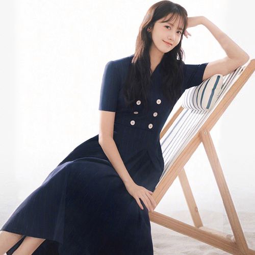 林允儿明星同款高级感条纹双排扣短袖连衣裙高端职业裙子气质裙子