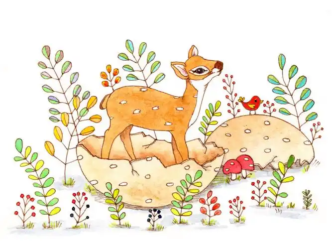 手绘水彩钢笔淡彩梅花鹿素材插画