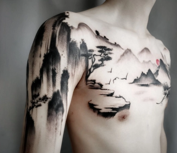 中国风山水水墨纹身设计水墨风花胸纹身设计男2
