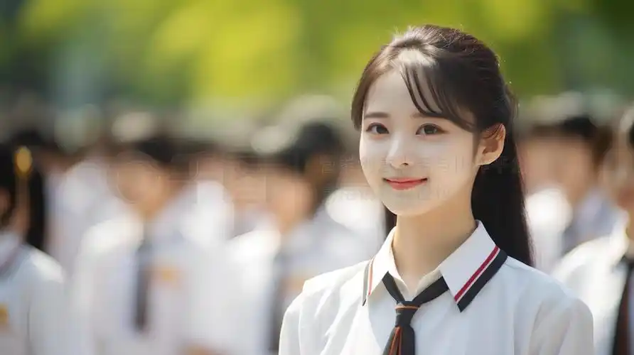 高中校园生活场景人像摄影图一群中国学生身着校服,在学校门口迎接