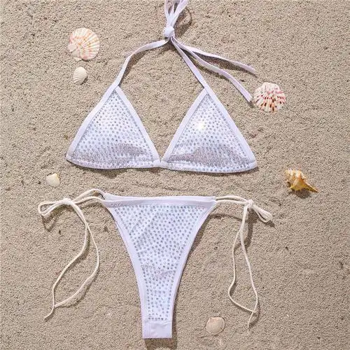 重工镶钻比基尼性感三点式女神范白富美游泳衣欧美分体泳装bikini