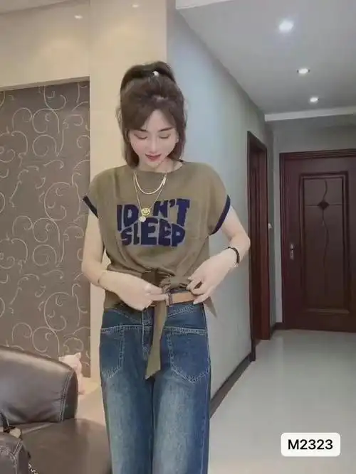 官图 韩版时尚字母撞色字母印花2024夏季新款下摆打结t恤短袖上衣