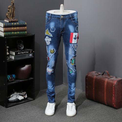 春夏季薄款破洞补丁乞丐裤男修身直筒刺绣印花长裤子欧美潮牌花裤